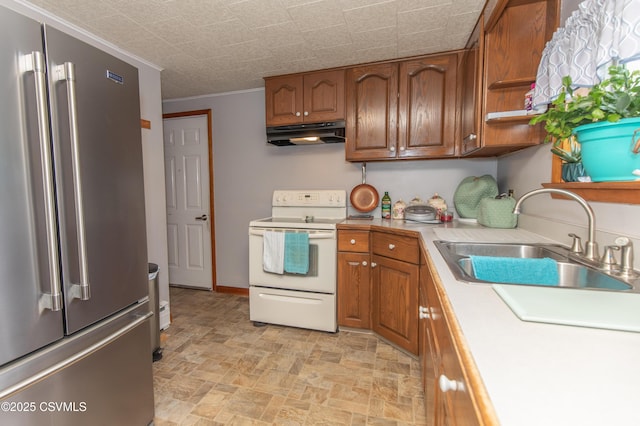 2256 Crossroads Dr, Lewisburg, PA 17837 - kitchen with high quality fridge, electric stove, under cabinet range hood, a sink, and light countertops