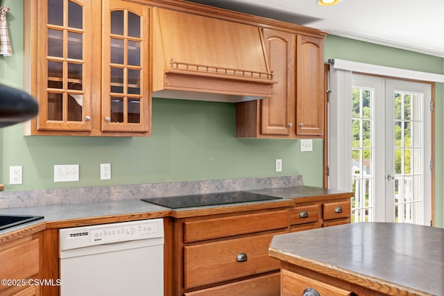 620 Sunset Dr, Bloomsburg, PA 17815 - kitchen featuring dishwasher, black electric stovetop, glass insert cabinets, and french doors