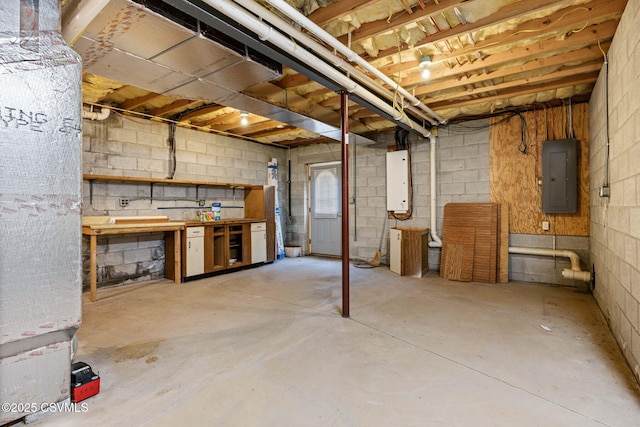620 Sunset Dr, Bloomsburg, PA 17815 - unfinished below grade area featuring electric panel, a workshop area, water heater, and concrete block wall