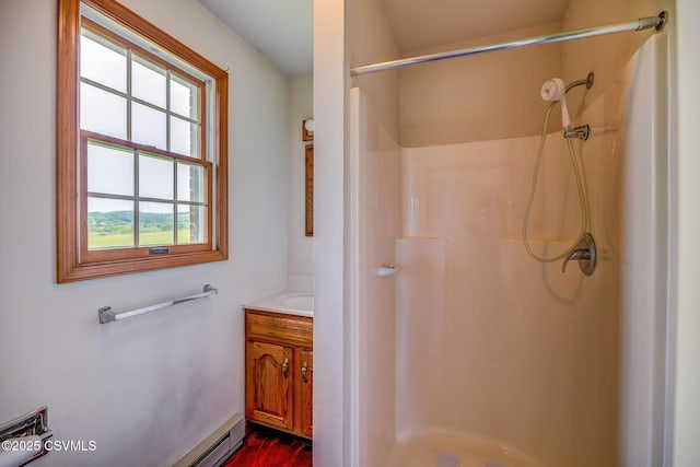 162 Liberty Valley Rd, Danville, PA 17821 - full bathroom with a shower, vanity, and a baseboard heating unit