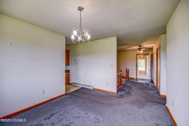 162 Liberty Valley Rd, Danville, PA 17821 - carpeted spare room featuring a baseboard heating unit, baseboards, a chandelier, and a ceiling fan