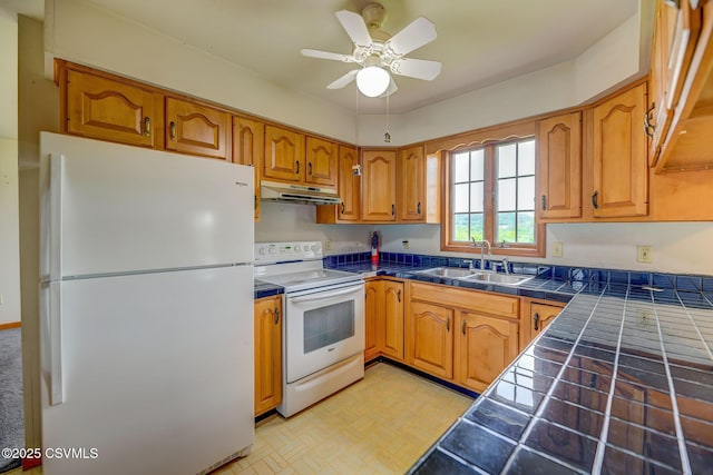162 Liberty Valley Rd, Danville, PA 17821 - kitchen featuring white appliances, a sink, tile countertops, under cabinet range hood, and ceiling fan