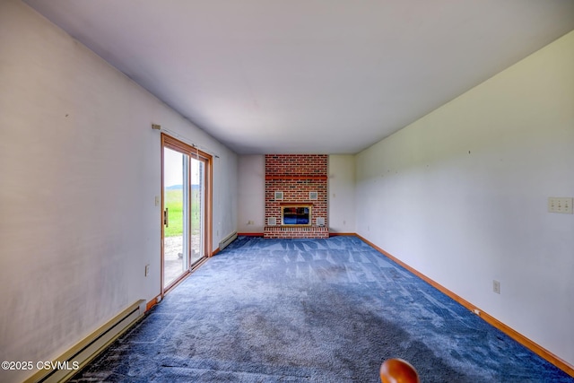 162 Liberty Valley Rd, Danville, PA 17821 - unfurnished living room featuring a baseboard radiator, a fireplace, baseboards, and carpet flooring