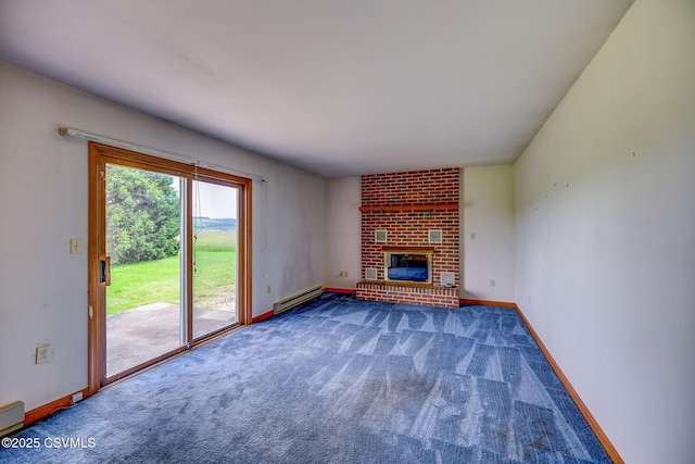 162 Liberty Valley Rd, Danville, PA 17821 - unfurnished living room featuring a baseboard radiator, carpet flooring, baseboards, and a fireplace