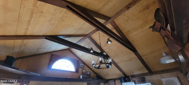 260 Iron St, Berwick, PA 18603 - detailed view of wood ceiling with exposed beams and a chandelier