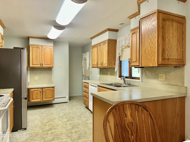 2 E 11th Ave, Shamokin Dam, PA 17876 - kitchen featuring a sink, white appliances, decorative backsplash, light flooring, and light countertops