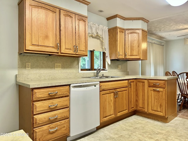 2 E 11th Ave, Shamokin Dam, PA 17876 - kitchen featuring dishwasher, a sink, a peninsula, light countertops, and decorative backsplash