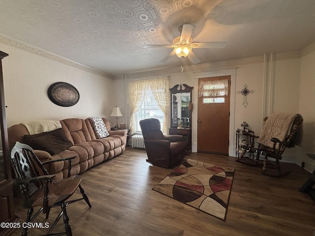 321 E Shamokin St, Trevorton, PA 17881 - living room featuring radiator heating unit, wood finished floors, ceiling fan, and crown molding