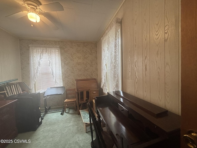 321 E Shamokin St, Trevorton, PA 17881 - sitting room featuring carpet, wallpapered walls, crown molding, and ceiling fan