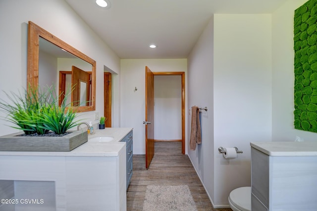 67 Center School Rd, Elysburg, PA 17824 - bathroom with vanity, toilet, wood finished floors, recessed lighting, and baseboards