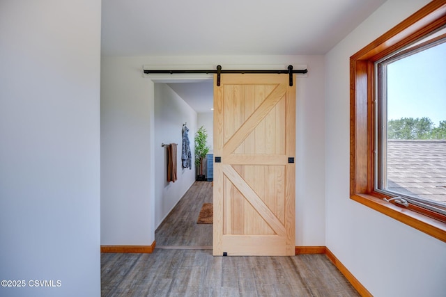 67 Center School Rd, Elysburg, PA 17824 - hall with a barn door, wood finished floors, and baseboards