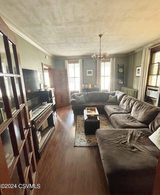 406 W Spruce St, Shamokin, PA 17872 - living room featuring ornamental molding, radiator heating unit, dark wood-style flooring, and a chandelier