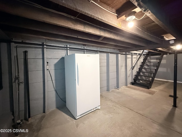 423 E Dewart St, Shamokin, PA 17872 - unfinished basement featuring freestanding refrigerator and stairway