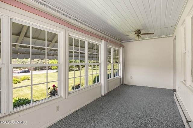 776 Continental Blvd, Danville, PA 17821 - unfurnished sunroom featuring a baseboard heating unit, a ceiling fan, carpet floors, and baseboards