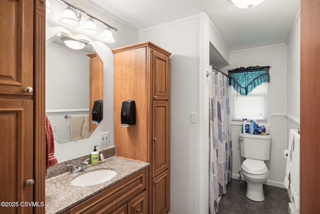 776 Continental Blvd, Danville, PA 17821 - bathroom with vanity, tile patterned floors, toilet, ornamental molding, and a shower with shower curtain
