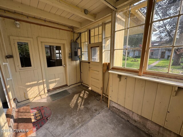 127 N 3rd St, Lewisburg, PA 17837 - unfurnished sunroom with electric panel and beam ceiling