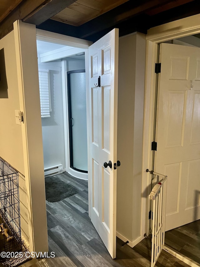 511 Snowflake Ln, Shickshinny, PA 18655 - corridor featuring a baseboard radiator, dark wood-style flooring, and beamed ceiling