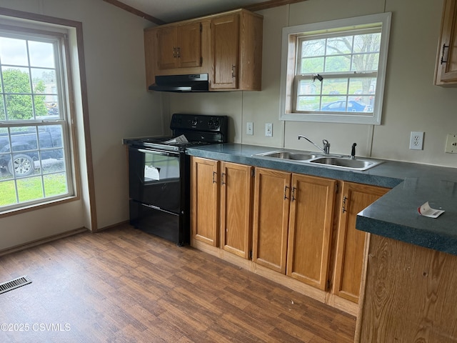 2638 Melanie Rd, Ringtown, PA 17967 - kitchen with black range with electric stovetop, a sink, under cabinet range hood, dark countertops, and wood finished floors