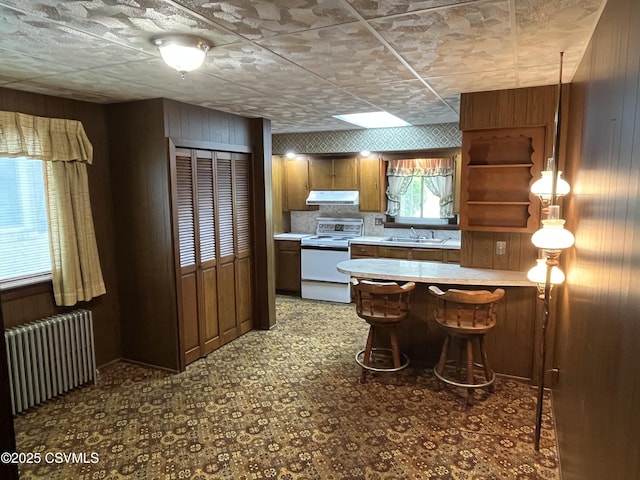 1409 Scott St, Kulpmont, PA 17834 - kitchen featuring white range with electric cooktop, radiator, under cabinet range hood, a sink, and wood walls