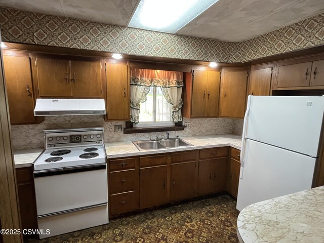 1409 Scott St, Kulpmont, PA 17834 - kitchen featuring white appliances, under cabinet range hood, a sink, light countertops, and an ornate ceiling