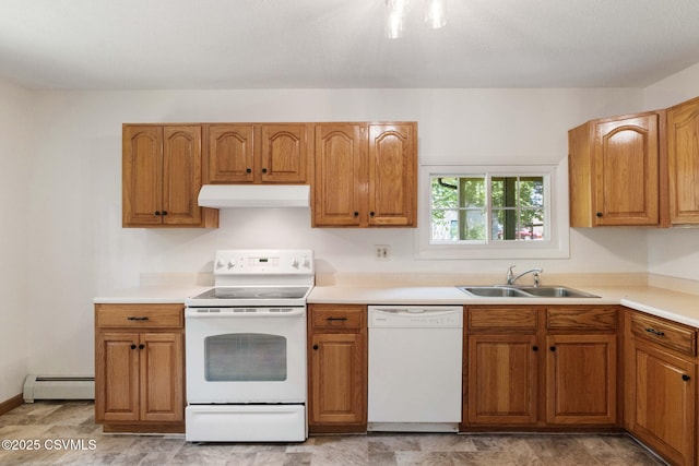 110 W 8th St, Watsontown, PA 17777 - kitchen featuring white appliances, baseboard heating, under cabinet range hood, and brown cabinets
