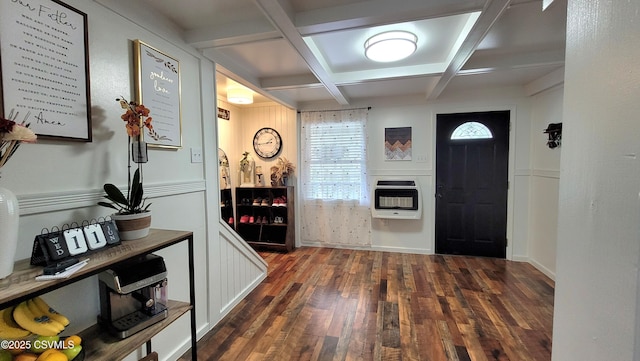 124 E Coal St, Trevorton, PA 17881 - entryway featuring heating unit, coffered ceiling, dark wood finished floors, and beamed ceiling