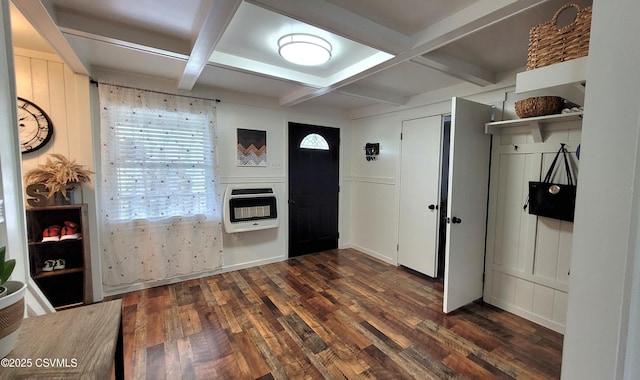 124 E Coal St, Trevorton, PA 17881 - foyer entrance with heating unit, healthy amount of natural light, coffered ceiling, dark wood-style flooring, and beamed ceiling