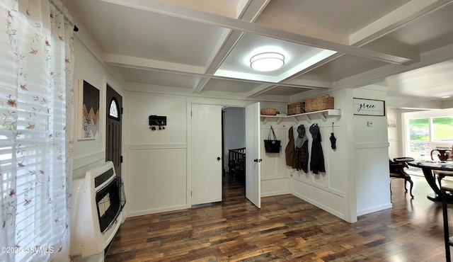 124 E Coal St, Trevorton, PA 17881 - mudroom featuring a decorative wall, heating unit, coffered ceiling, dark wood finished floors, and beam ceiling