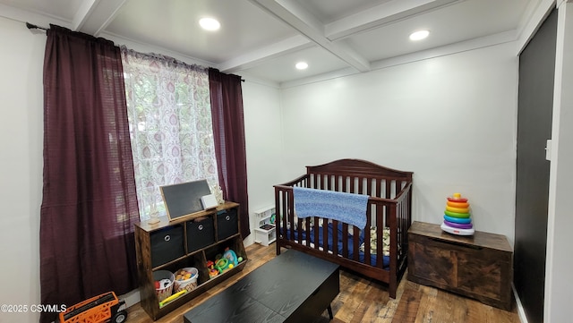 124 E Coal St, Trevorton, PA 17881 - bedroom with beamed ceiling, wood finished floors, coffered ceiling, a nursery area, and recessed lighting