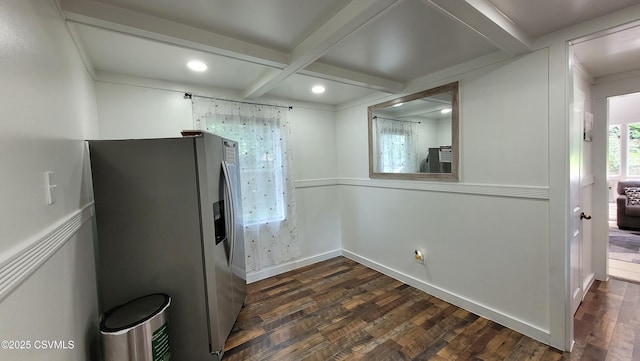 124 E Coal St, Trevorton, PA 17881 - unfurnished dining area featuring dark wood-style flooring, beamed ceiling, recessed lighting, and coffered ceiling
