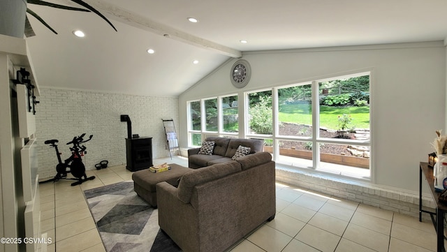 124 E Coal St, Trevorton, PA 17881 - living room with brick wall, light tile patterned floors, a wood stove, and recessed lighting