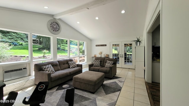 124 E Coal St, Trevorton, PA 17881 - living room featuring beamed ceiling, light tile patterned floors, french doors, high vaulted ceiling, and recessed lighting