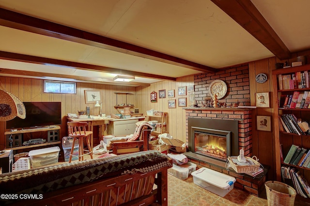 7 N Red Maple St, Selinsgrove, PA 17870 - living area featuring beamed ceiling, a fireplace, and wood walls