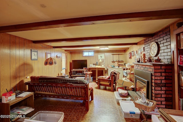 7 N Red Maple St, Selinsgrove, PA 17870 - living area with beam ceiling, wood walls, and a fireplace