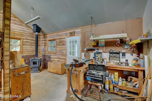 7 N Red Maple St, Selinsgrove, PA 17870 - miscellaneous room with a workshop area, concrete flooring, and a wood stove
