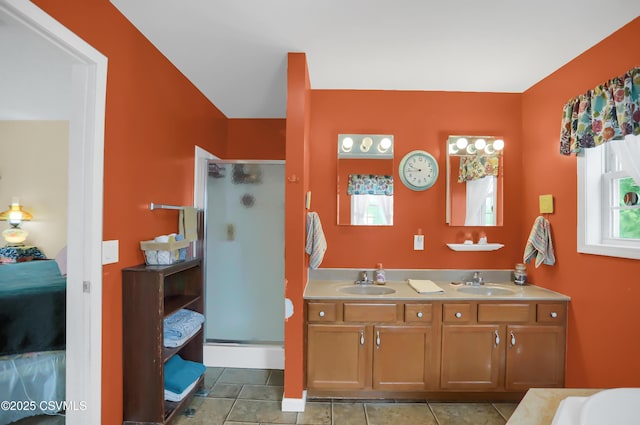 152 Bridge Ave, Allenwood, PA 17810 - ensuite bathroom with a shower stall, double vanity, and tile patterned flooring