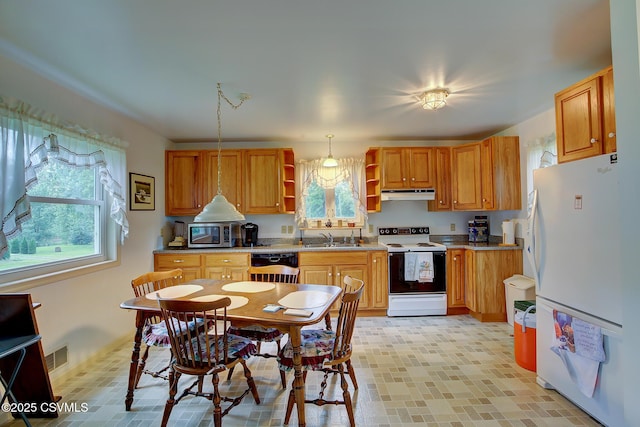 108 Creek Rd, Selinsgrove, PA 17870 - kitchen with white appliances, open shelves, under cabinet range hood, brown cabinets, and light countertops