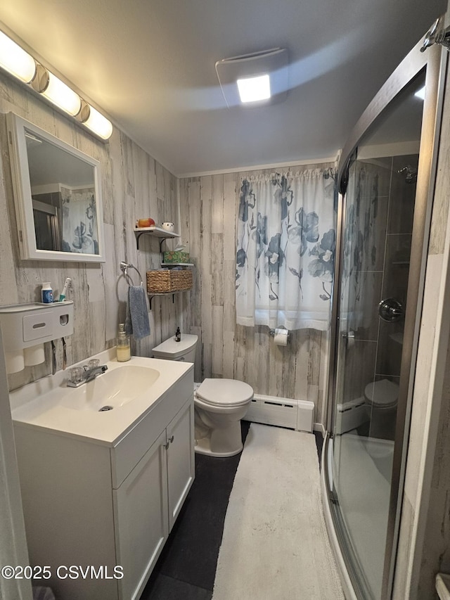 1211 W Mulberry St, Coal Township, PA 17866 - full bathroom featuring a baseboard heating unit, a shower stall, and vanity