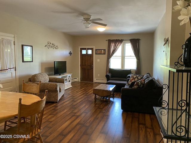 846-848 Orange St, Berwick, PA 18603 - living room with a ceiling fan, dark wood-style floors, a baseboard radiator, and baseboard heating