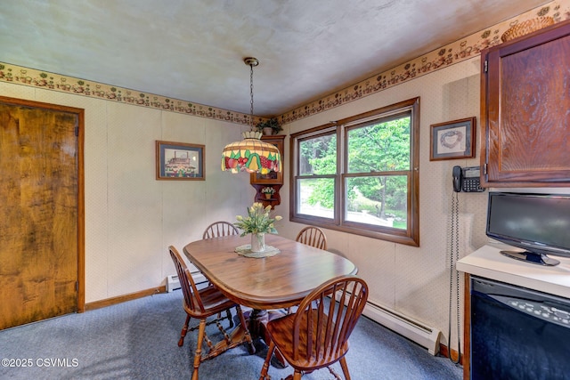 39 Mckendree Rd, Shickshinny, PA 18655 - dining space with carpet floors, a baseboard radiator, and wallpapered walls
