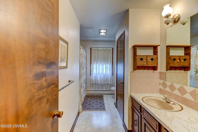 39 Mckendree Rd, Shickshinny, PA 18655 - bathroom featuring vanity, a baseboard radiator, tasteful backsplash, and a shower with shower curtain