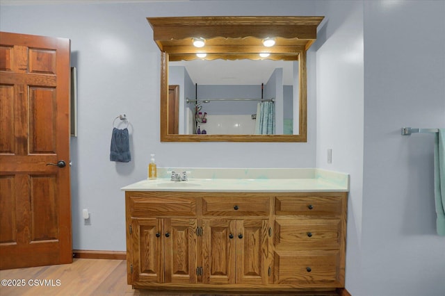 110 Buckeye Ln, New Columbia, PA 17856 - bathroom with vanity, wood finished floors, and a shower with shower curtain