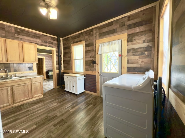 333 E Bowman St, Berwick, PA 18603 - washroom with wood walls, dark wood-style flooring, and washer and dryer