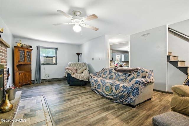 1146 Great Oak Dr, East Stroudsburg, PA 18301 - living room featuring stairs, wood finished floors, a ceiling fan, and cooling unit