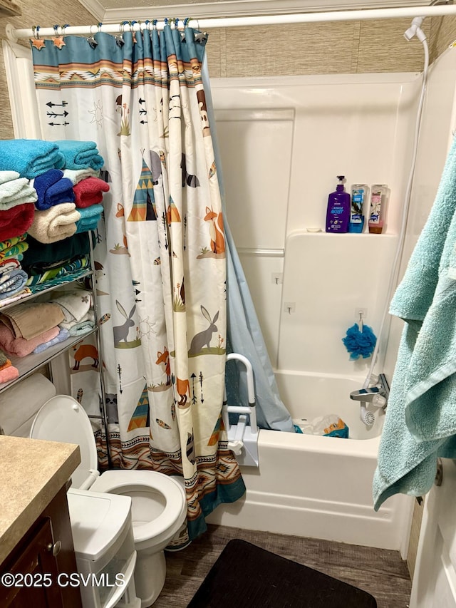 57 Buckhorn Rd, Bloomsburg, PA 17815 - bathroom featuring vanity, shower / bath combo with shower curtain, and wood finished floors