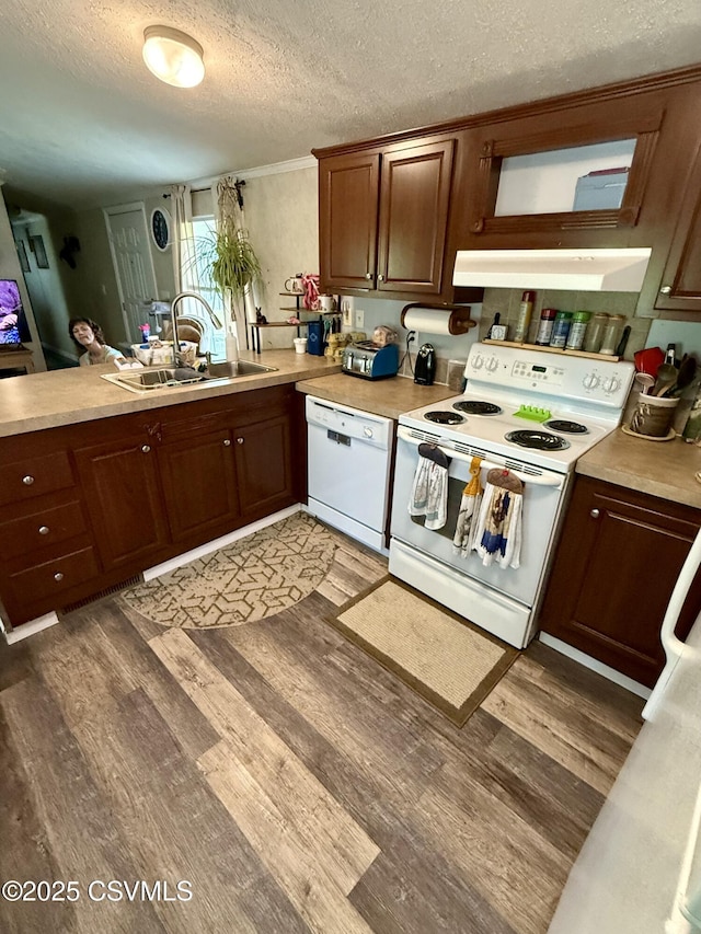 57 Buckhorn Rd, Bloomsburg, PA 17815 - kitchen featuring white appliances, under cabinet range hood, light countertops, a textured ceiling, and light wood-type flooring