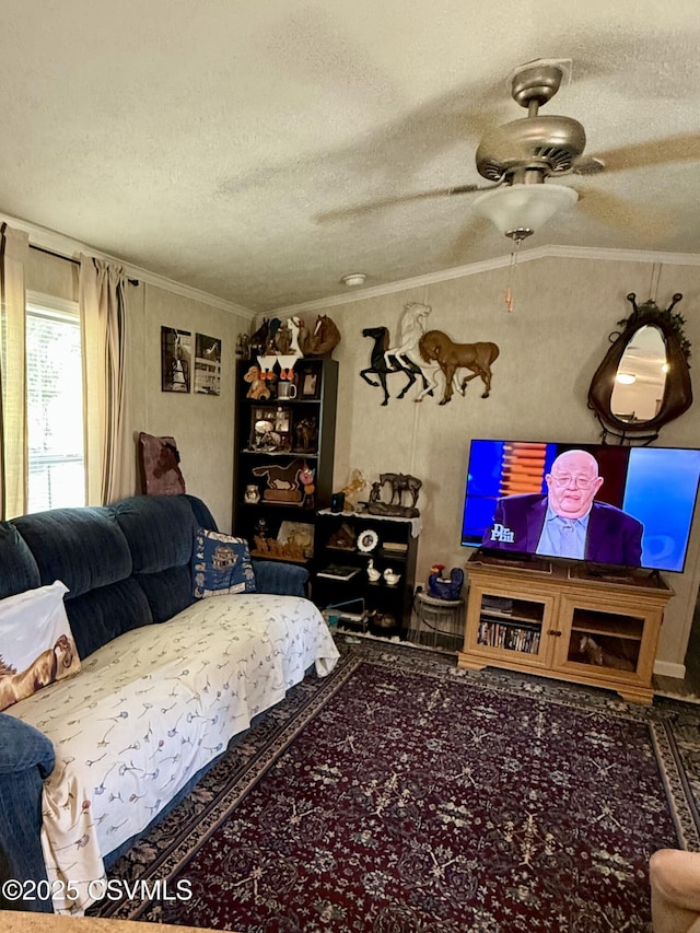 57 Buckhorn Rd, Bloomsburg, PA 17815 - living room featuring ornamental molding, a textured ceiling, and a ceiling fan