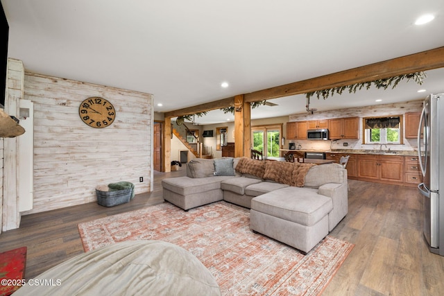 190 Foggy Mountain Rd, Turbotville, PA 17772 - living room featuring wood finished floors, recessed lighting, stairs, and wooden walls