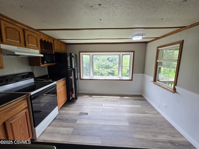 1824 Smalsh Barrick Rd, Middleburg, PA 17842 - kitchen featuring electric range, under cabinet range hood, a textured ceiling, plenty of natural light, and light wood-style flooring