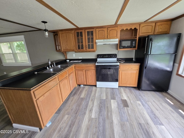1824 Smalsh Barrick Rd, Middleburg, PA 17842 - kitchen featuring black appliances, under cabinet range hood, light wood finished floors, dark countertops, and glass insert cabinets